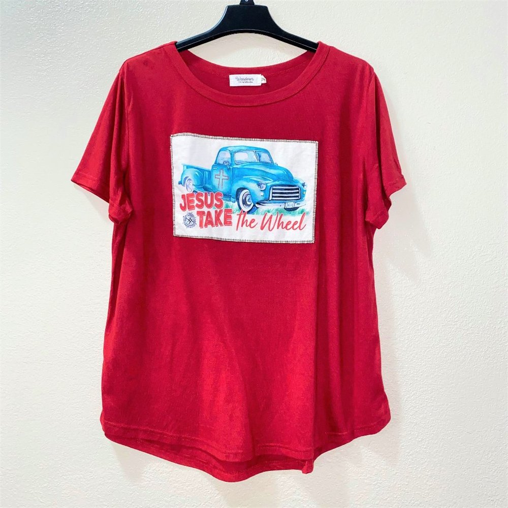 3/$25 Item Women's " Jesus Takes The Wheel " Tshirt, Red 2XL